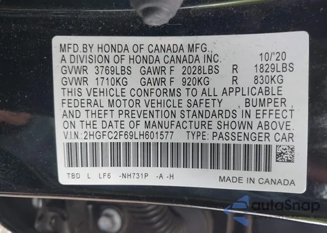 2020 Honda Civic Lx z USA, uszkodzony, nr VIN 2HGFC2F69LH601577